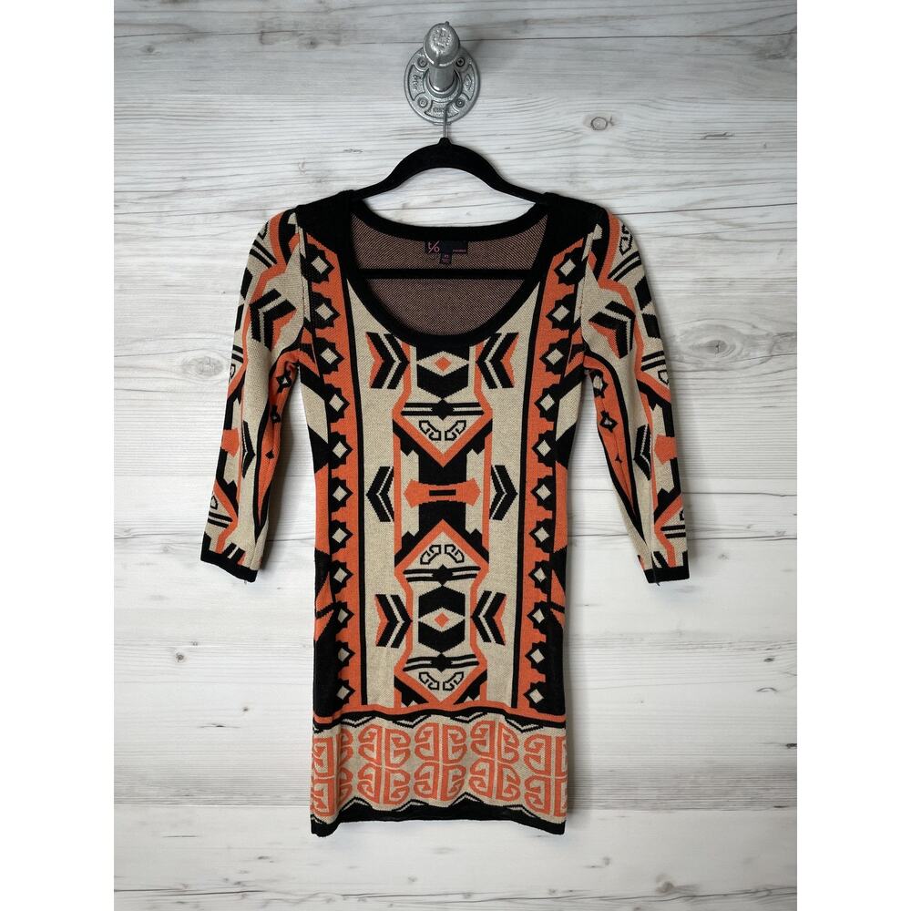 t/o Sweater Dress Womens‎ XS Black Orange Beige Aztec Tribal Knit 3/4 Sleeve